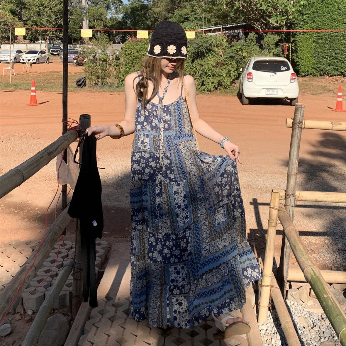 【単品注文】【セットアップ】レトロリゾート風 春夏 ルーズ 体型カバー 花柄 ノースリーブ ワンピース + カーディガン セット【SHシリーズ】