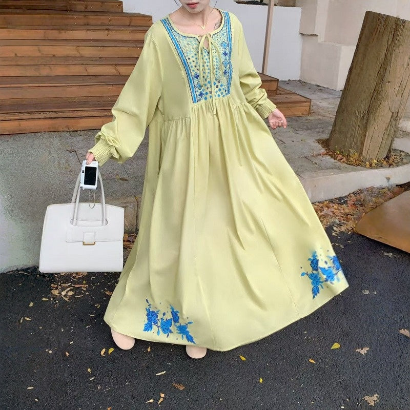 【ワンピース】春 秋 刺繍 ルーズ エレガント 花柄 長袖 ワンピース 【SHシリーズ】