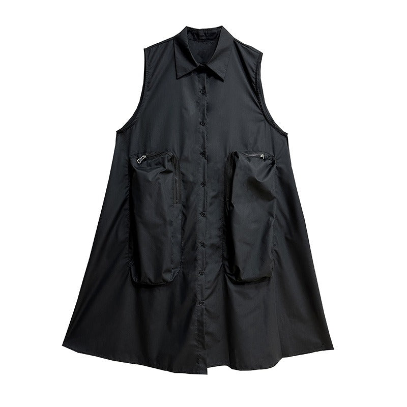 【ワンピース】夏 カジュアル 大ポケットデザイン ワークウェア風 個性的 Aラインノースリーブワンピース【AHシリーズ】