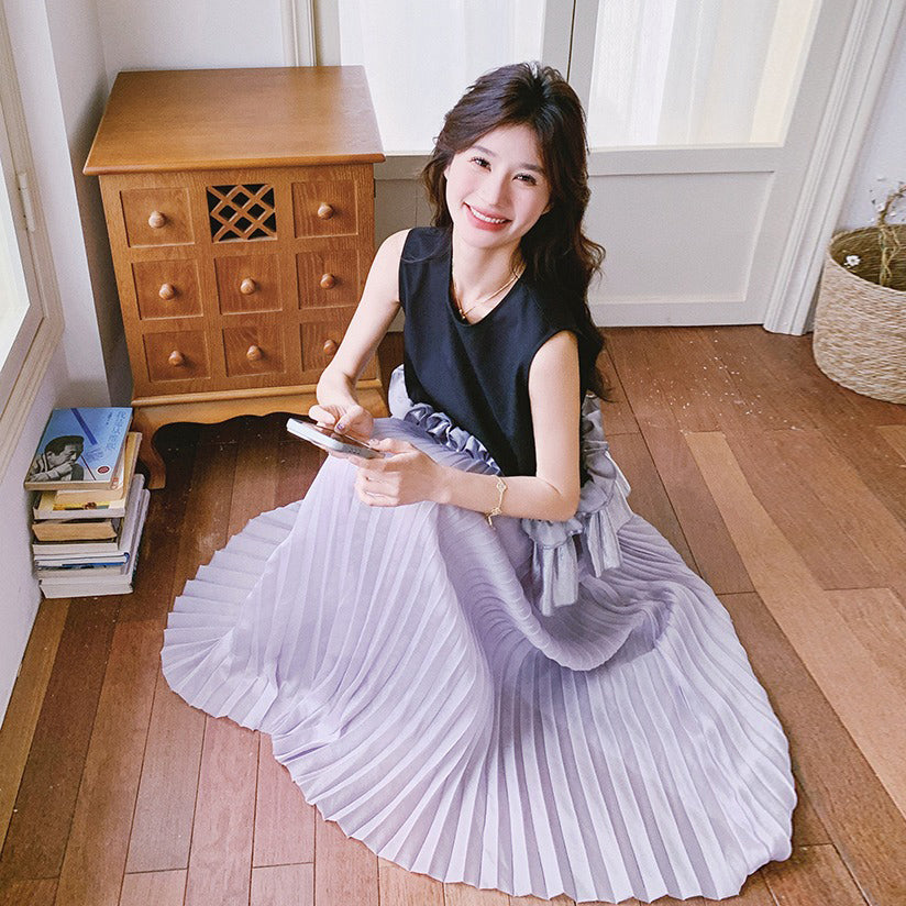2点セット!【セットアップ】パープル ユニーク おしゃれ レディース 夏 ノースリーブ トップス + ハイウエスト プリーツスカート 上下セット【SHシリーズ】