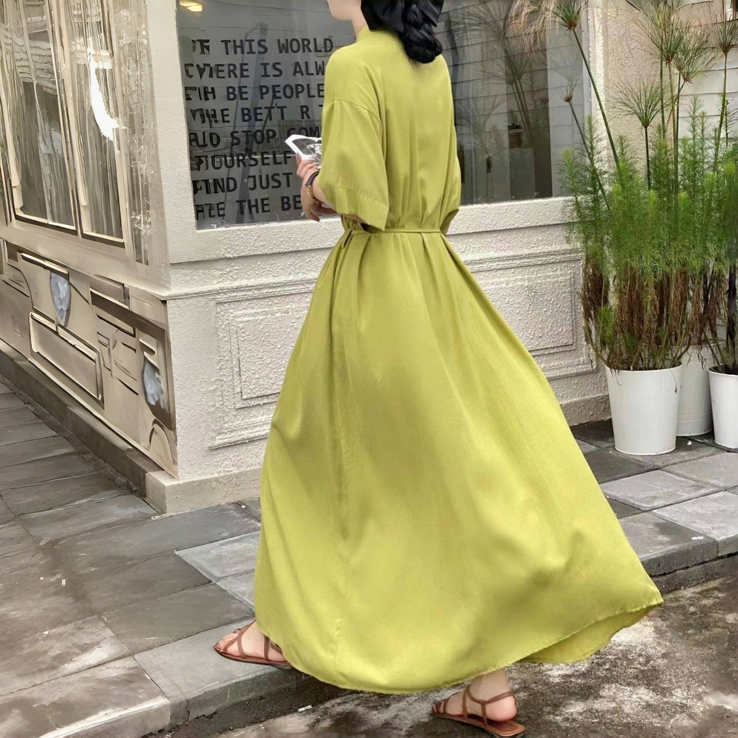 【ワンピース】多色展開 夏 立襟 ボタン付き ルーズ 半袖 ワンピース