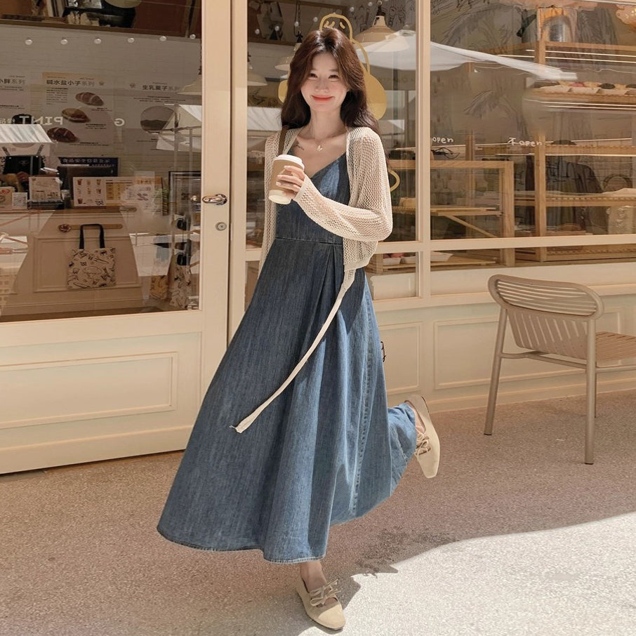 2点セット!【セットアップ】フレンチ風 ニットカーディガン+デニムキャミワンピース セットレディース 秋新作 若見え 優雅 人気