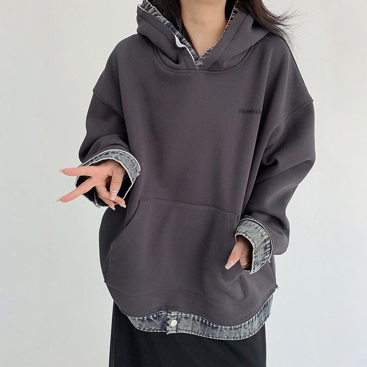 【トップス】春 秋 冬 切り替え デニム フード付き 裏起毛 パーカー 【FCシリーズ】