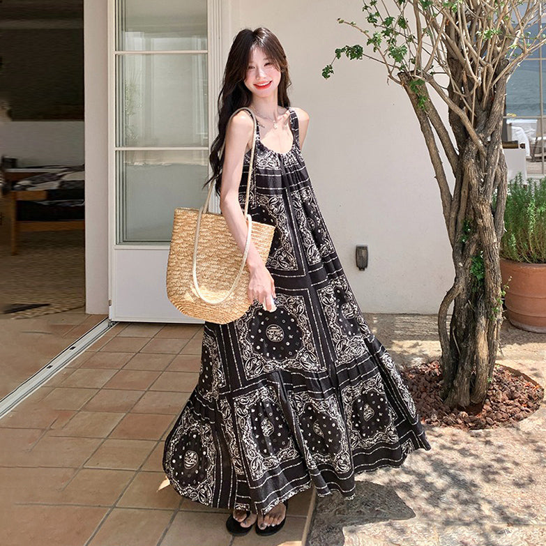 【ワンピース】フレンチヴィンテージ ボヘミアン ノースリーブワンピース 夏 高見え キャミソールロングドレス【SHシリーズ】