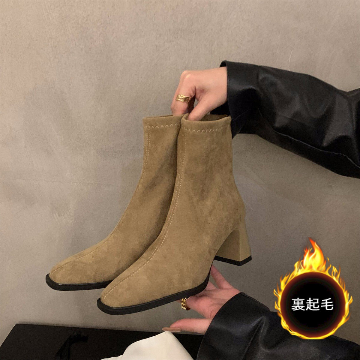 【シューズ】春秋冬 ハイヒール スエード マーティンブーツ スクエアトゥ ショートブーツ