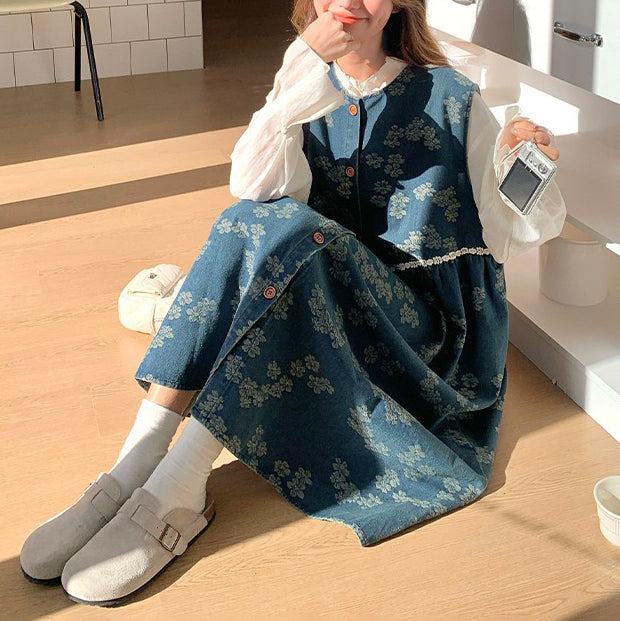 【セットアップ】春秋 ジャカード柄 若見え森系ブラウス+ワンピース2点セット