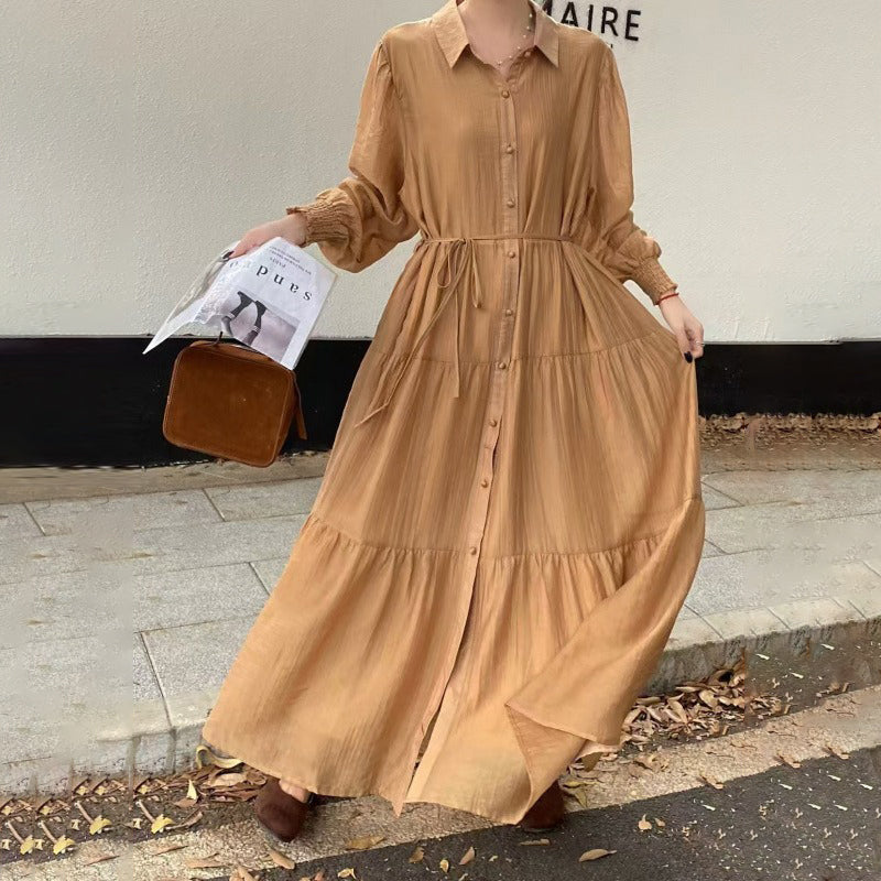 【ワンピース】7カラー 韓国風 ゆったり 大きめサイズ シングルボタン エレガント 長袖ワンピース