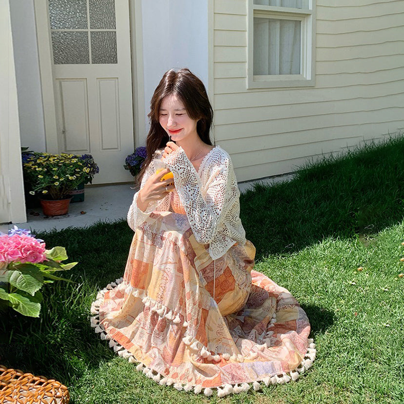 2点セット!【セットアップ】ヴィンテージエレガンス リゾート風 カーディガン+ノースリーブワンピース セット【SHシリーズ】