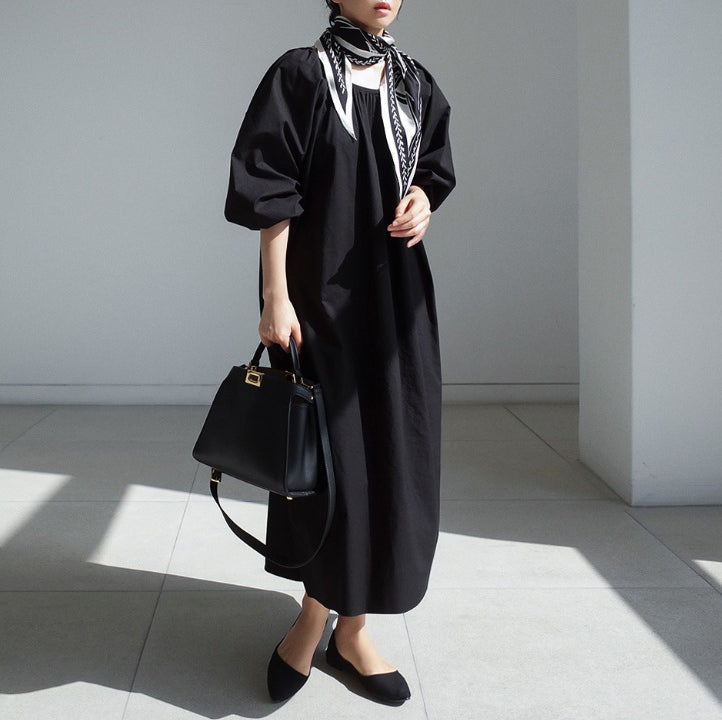 【ワンピース】春秋 ゆったり 大きいサイズ リボン ランタンスリーブ 長袖ワンピース