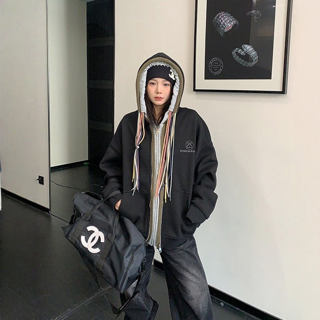 【アウター】カラフル ドローコード レイヤード風 フード付き ジャケット【FCシリーズ】