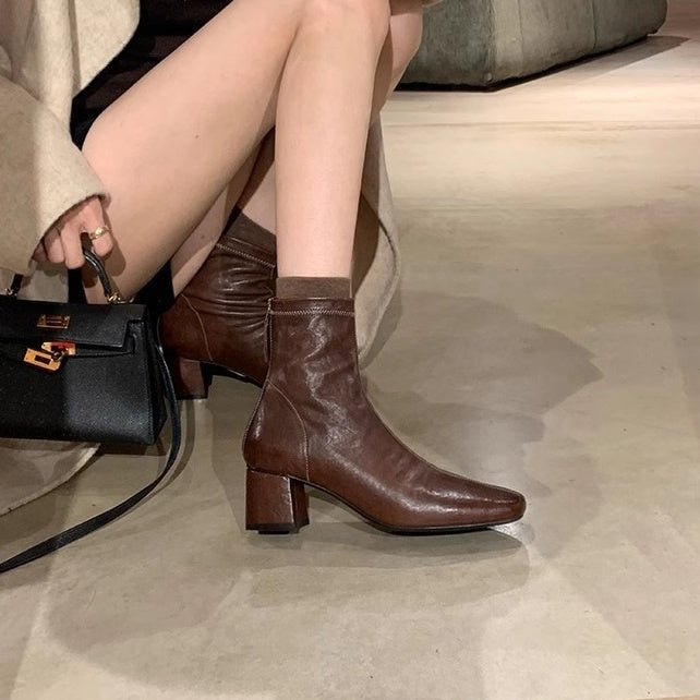 【シューズ】冬春秋 スクエアトゥ レトロ ヴィンテージ加工 ブーツ