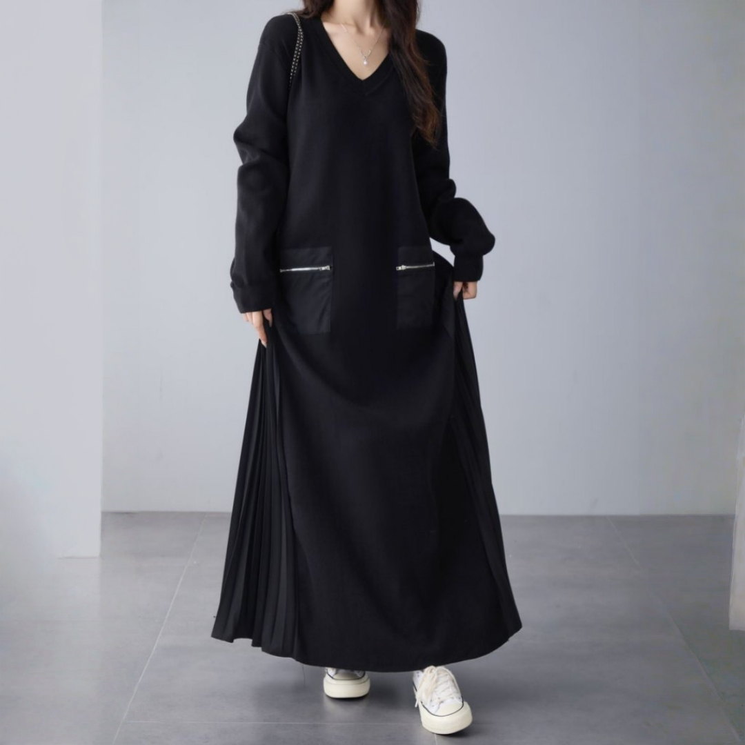 👀注目の新作👀【ワンピース】春 秋 冬 Vネック ニット プリーツ 長袖 ファスナー ワンピース 【JZシリーズ】