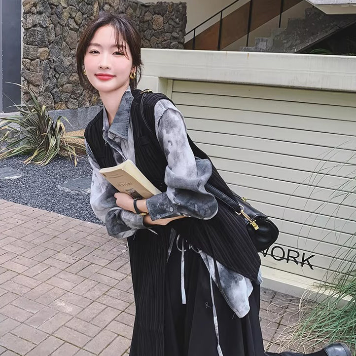 【セットアップ】こなれ感 ファッショナブル ベスト+水墨柄 シャツ+スカート セット 細見え 3点セット レディース【JZシリーズ】