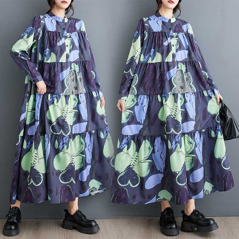 【ワンピース】春秋冬 プリント 花柄 ゆるリラックス 長袖 ワンピース【SHシリーズ】