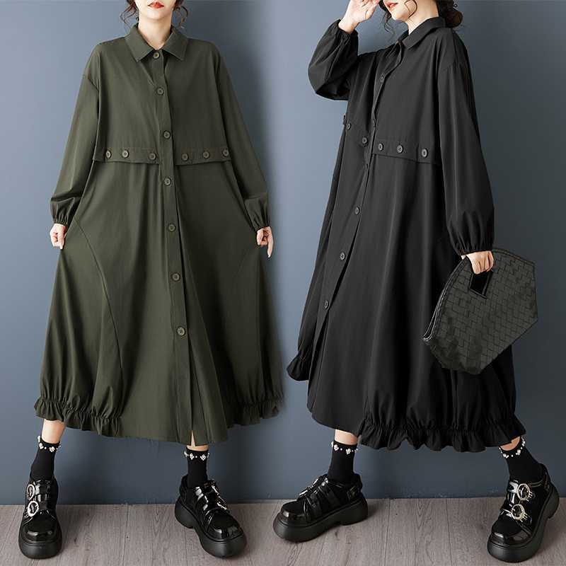 【60%OFF⭐️早い者勝ち】【ワンピース】ダーク系 大きいサイズ ミディ丈 長袖 シャツワンピース ゆったり 細見え 体型カバー【AHシリーズ】