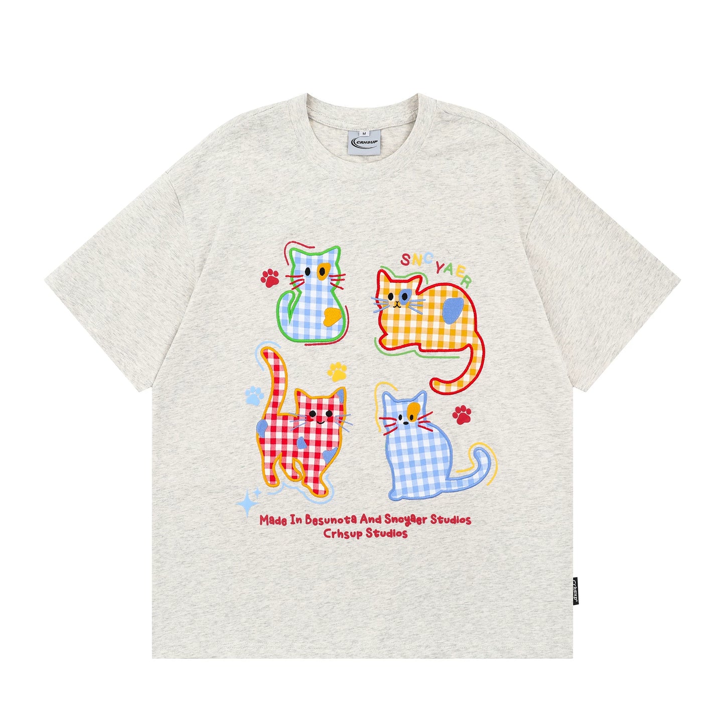 【トップス】レトロ趣味 チェック柄 猫モチーフ 刺繍 半袖Tシャツ レディース 夏 ゆったり 体型カバー カジュアルコーデ【FCシリーズ】【15〜20日発送】