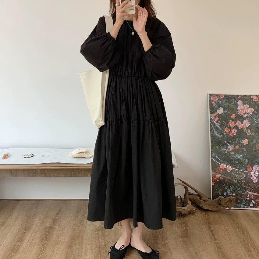 【ワンピース】春秋夏 シンプル エレガント パフスリーブ 長袖ワンピース