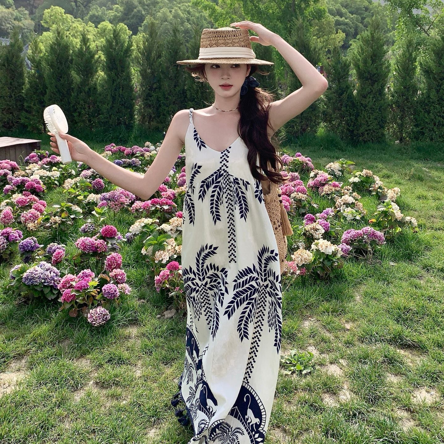 【ワンピース】ボヘミアン 民族風 プリント バカンス Vネック ノースリーブワンピース【SHシリーズ】