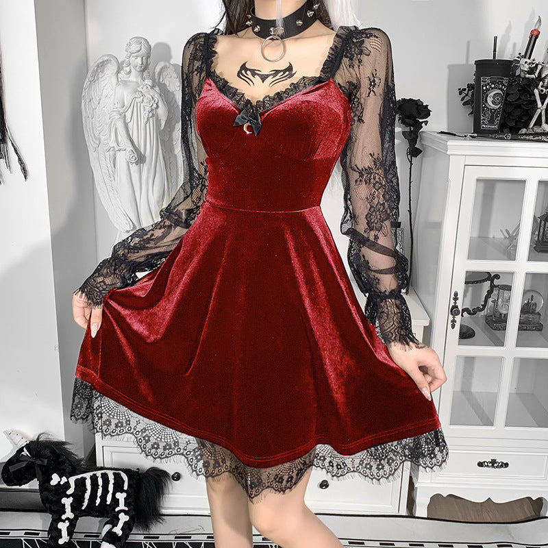 【ハロウィン】ダーク 欧米風 新作 ヒップホップ レース ファッショナブル バスト強調 ベルスリーブ ワンピース
