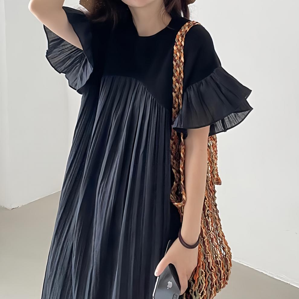 【ワンピース】夏 ゆったり プリーツ 切り替え 半袖ワンピース