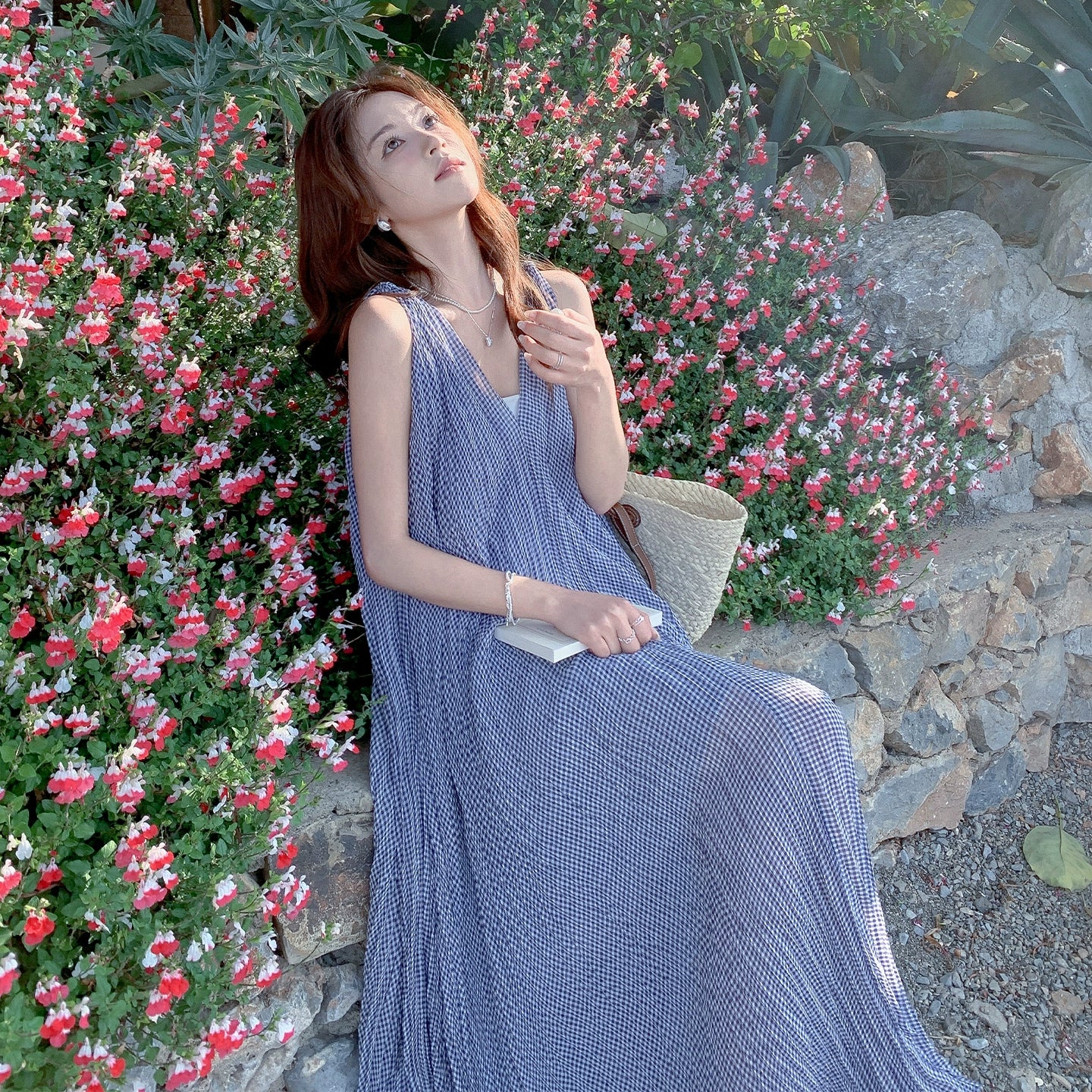 【ワンピース】韓国風 千鳥格 ノースリーブワンピース レディース 夏 大きめ裾 ロング丈 高見え【SHシリーズ】