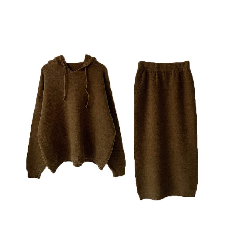 【セットアップ】フード付き 無地 冬 セーター + ニット スカート 2点 上下セット