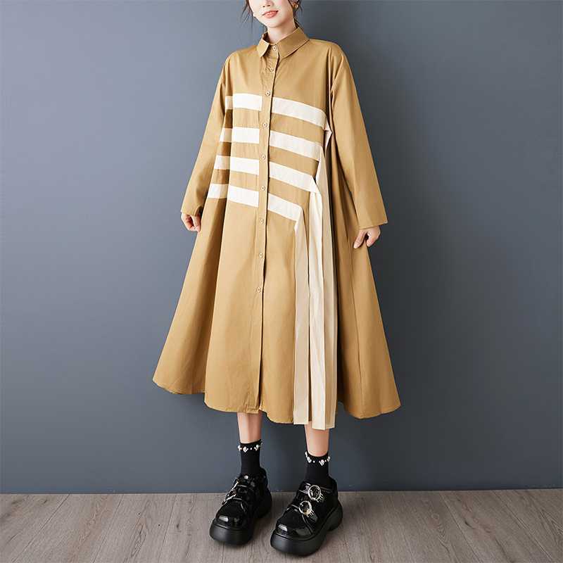 【ワンピース】春秋 配色切替 アシンメトリー POLOカラー ゆったり 長袖 シャツワンピース【AHシリーズ】