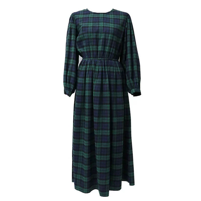 【ワンピース】春秋冬 ラウンドネック パフスリーブ レトロ 長袖ワンピース