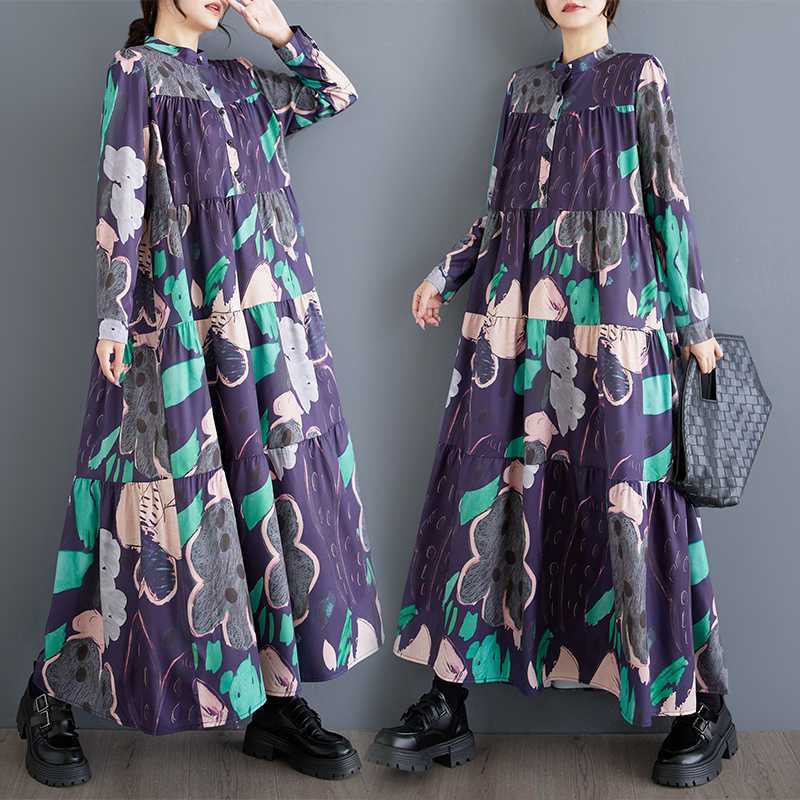 【ワンピース】春秋冬 韓国風 ゆったり プラスサイズ プリント 長袖ワンピース【SHシリーズ】