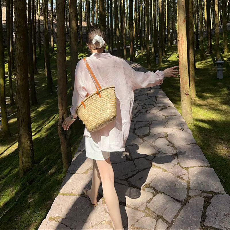 【上衣】春夏防曬透氣亞麻襯衫
