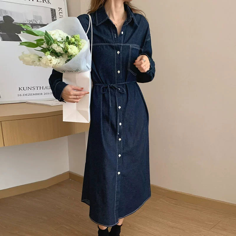 【ワンピース】春秋 折り襟 エレガント デニム 長袖 ワンピース