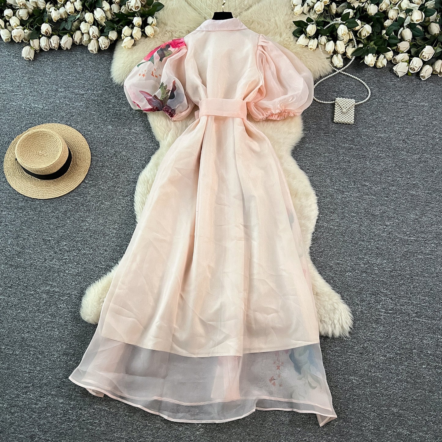 【ワンピース】着るだけで上品見え✨フレンチ風 半袖 ワンピース バインディング ウエスト 立体花モチーフ ランタンスリーブ メッシュ ロング丈【SHシリーズ】