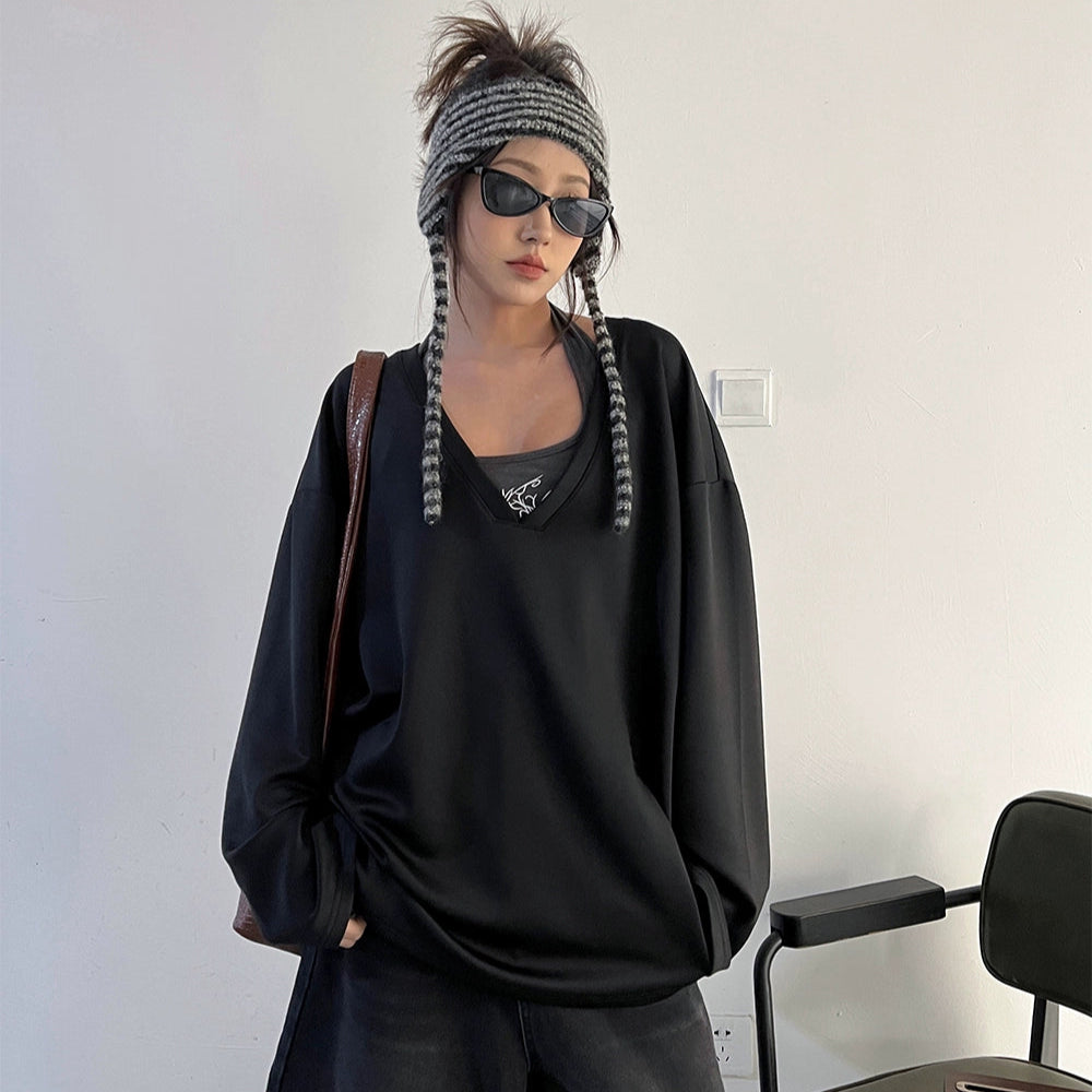 【トップス】春秋 韓国風 ゆったり 合わせやすい Vネック Tシャツ【FCシリーズ】