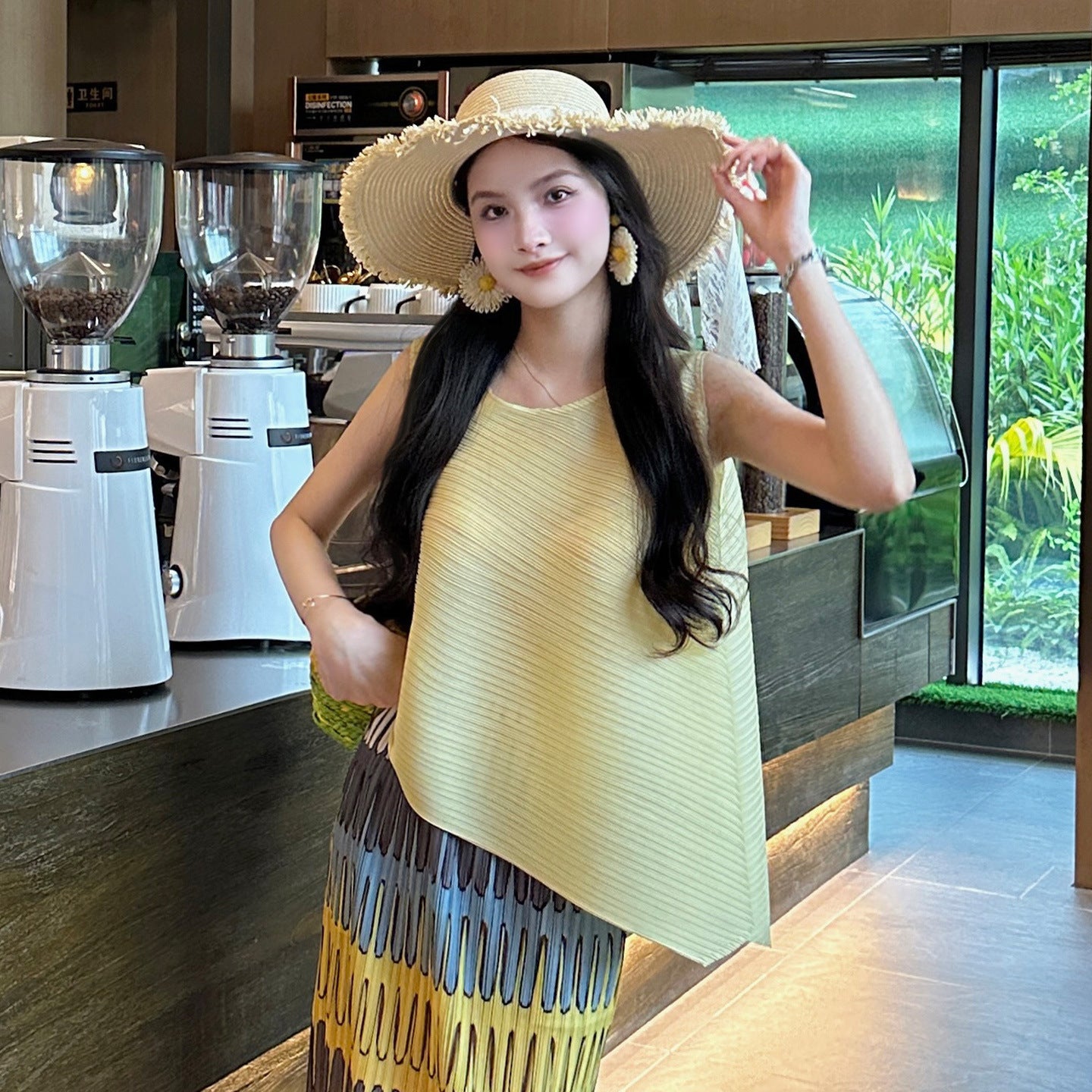 【単品注文】【セットアップ】細見えコーデ ノースリーブトップス+配色スカート 上下セット【SHシリーズ】