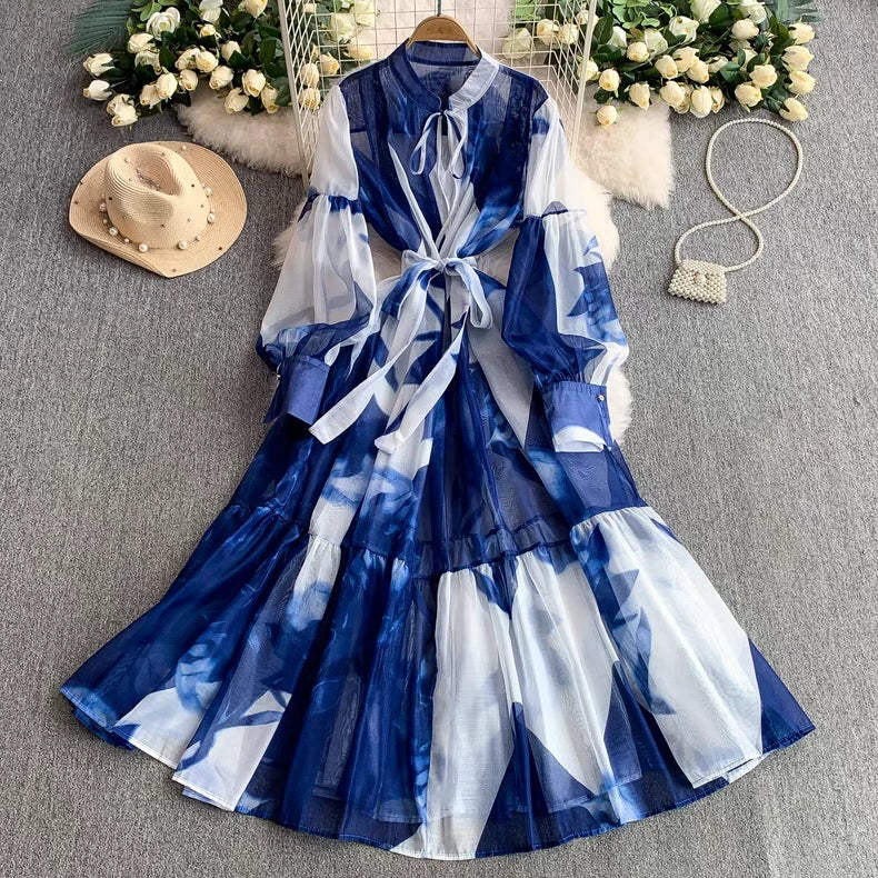 【ワンピース】5カラー フレンチレトロ 花柄ワンピース 長袖 ウエストマーク ゆったり着痩せ ロング丈 上品エレガント 万能ワンピ【SHシリーズ】