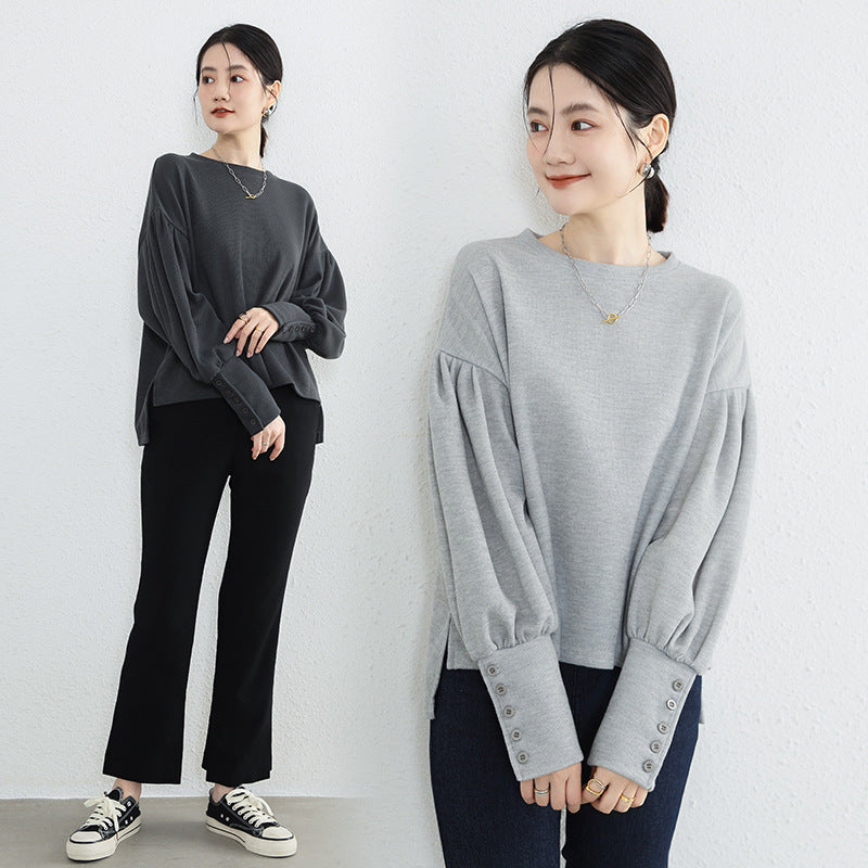 【トップス】秋冬 日系 ラウンドネック シンプル ランタンスリーブ パーカー