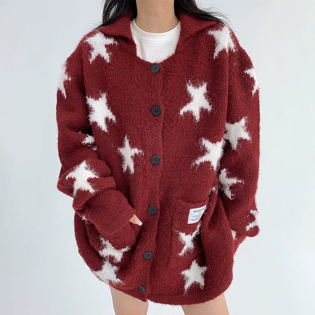 【アウター】韓国風 レトロ 星柄 合わせやすい oversize ニットセーター ジャケット【FCシリーズ】