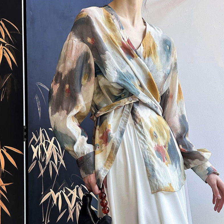 【トップス】春秋 レトロ ぼかし染め 長袖 イレギュラーデザイン シャツ【JZシリーズ】