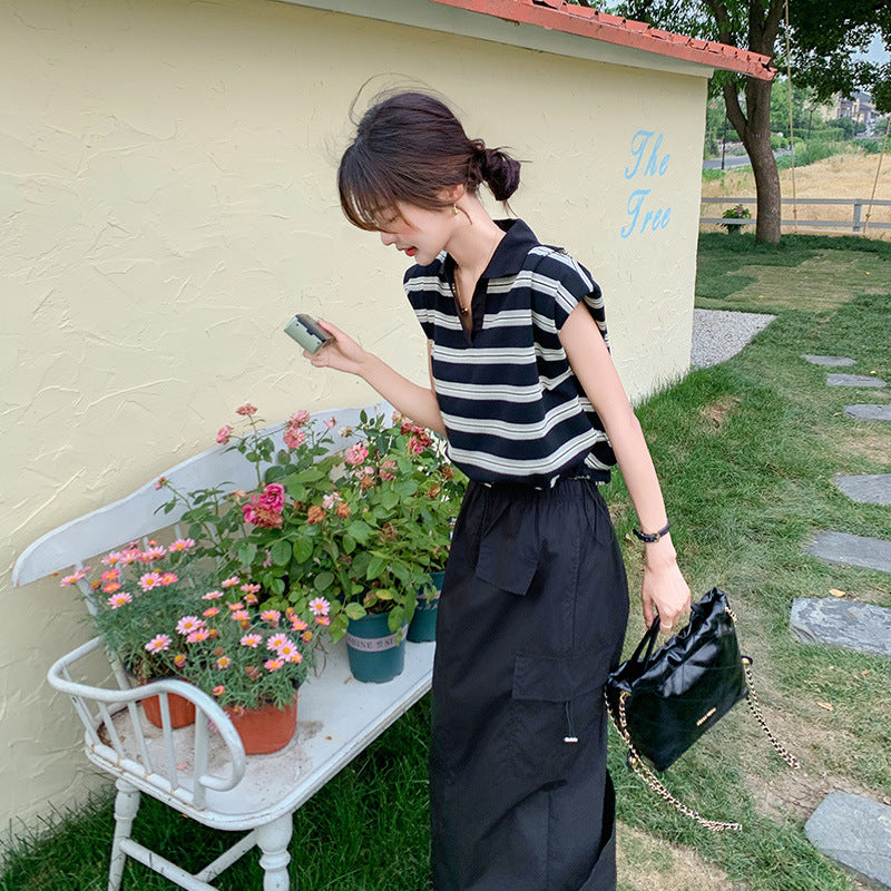 2点セット!【セットアップ】ストライプポロシャツ+カーゴスカート 夏 カジュアル 上下セットアップ 【JZシリーズ】