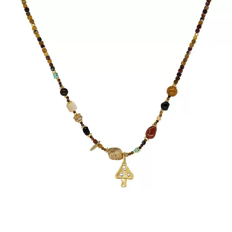 【🎁 B2G1|先行スタート!】【グッズ】キノコ カラービーズ ネックレス 個性派デザイン 重ね付け ヴィンテージ風 ニット チョーカ