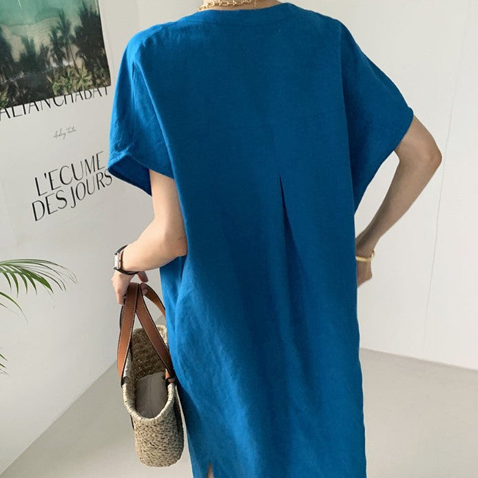 【ワンピース】夏 韓国風 ゆったり 着痩せ Vネック 半袖ワンピース