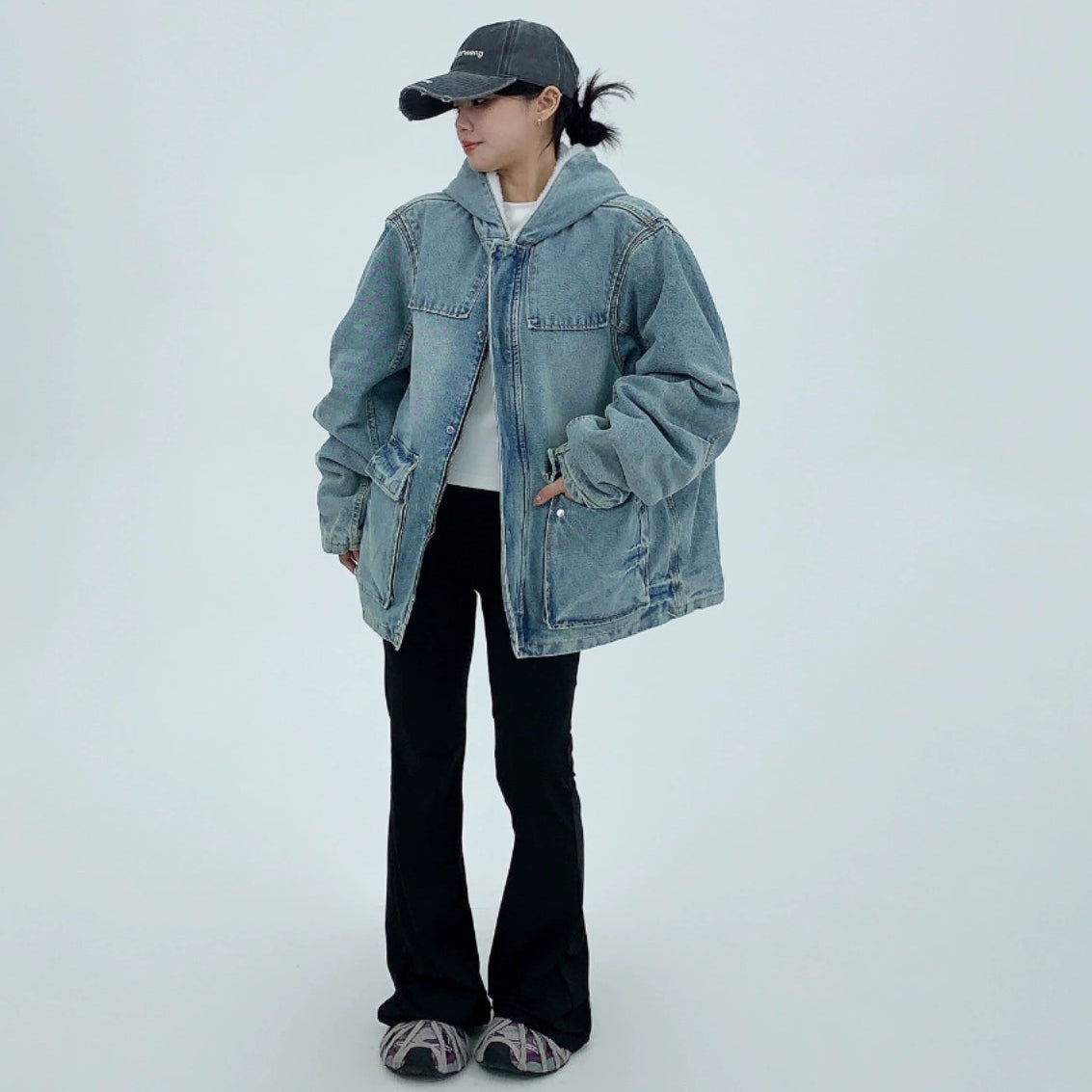 【アウター】韓国系 ヘビーウェイト ニッチ ダメージ加工 デニム ゆったり 綿入れコート【FCシリーズ】