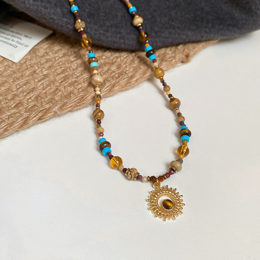 【🎁 B2G1|先行スタート!】【グッズ】チタン鋼 ビーズ サンフラワー ネックレス 新中華風 ヴィンテージ風 高級感のあるチョーカーネックレス