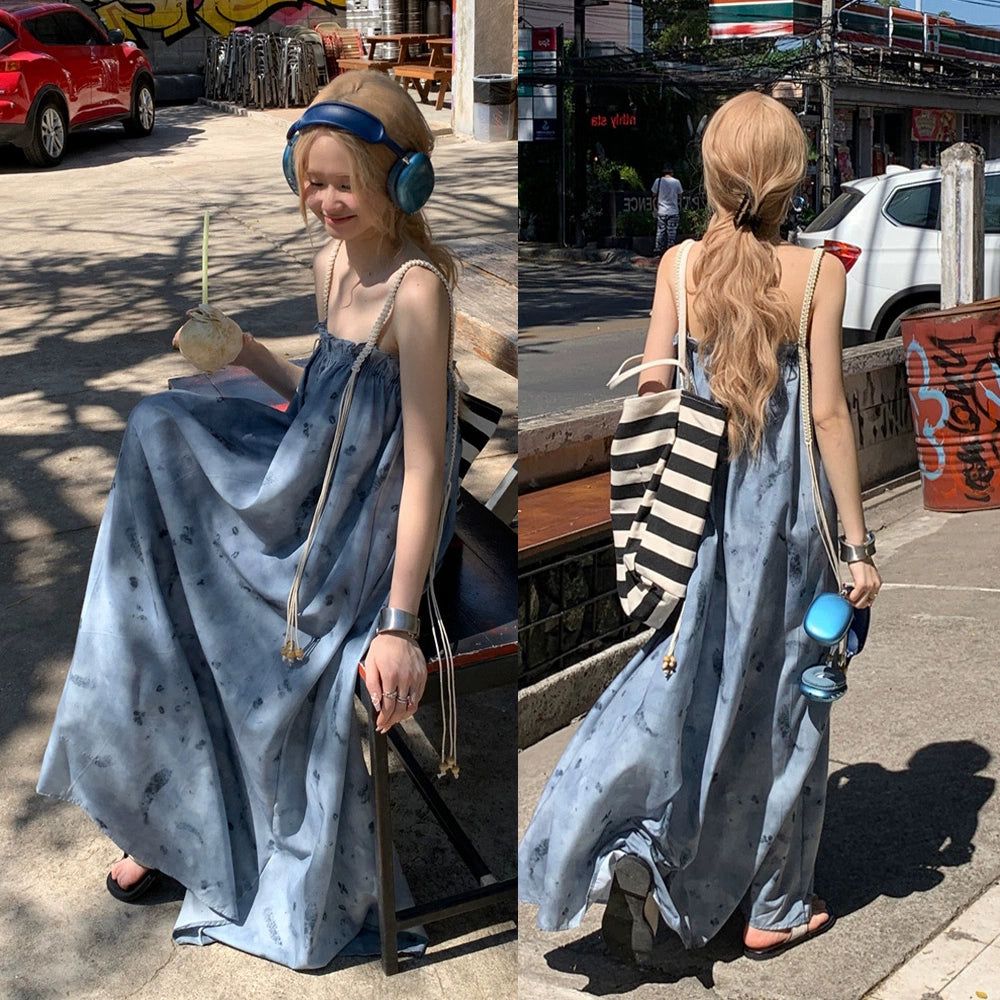 【ワンピース】夏新作 アート水墨画デザイン ゆったりカジュアル リラックスシルエット ノースリーブキャミワンピース【SHシリーズ】