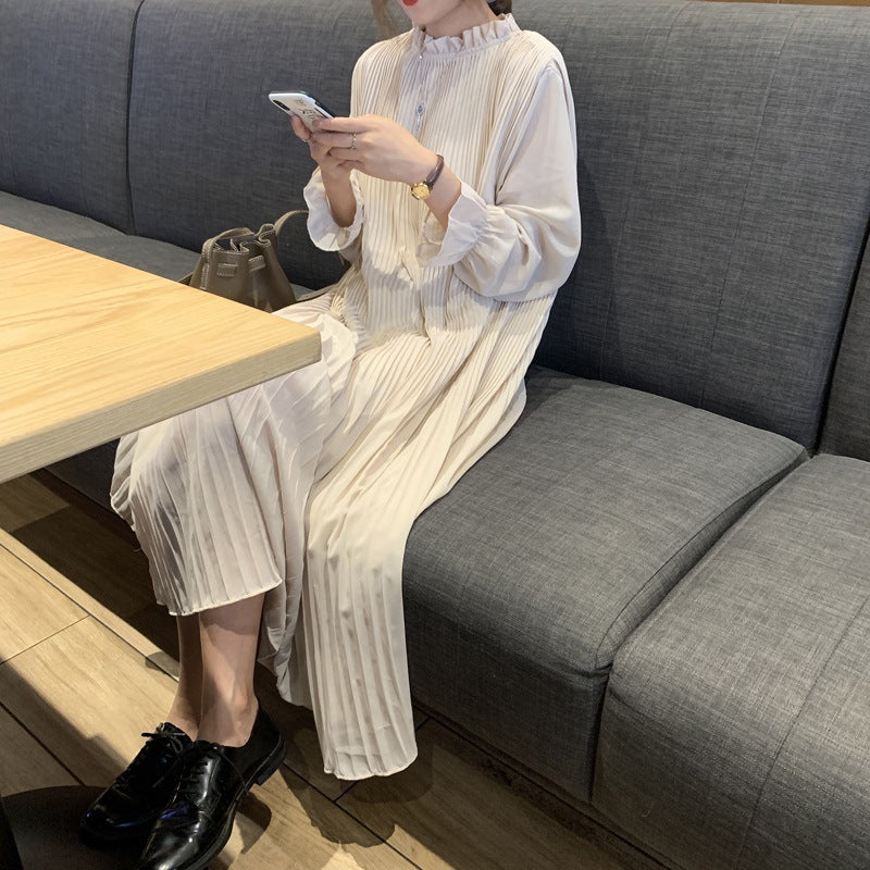 【ワンピース】春秋夏 無地 フリルギャザー エレガント 長袖 ワンピース