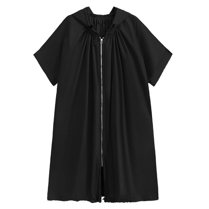 【アウター】日系ダークモード風 シワ加工 フード付きトレンチ風ジャケット レディース 夏用 薄手 ゆったり 半袖 カジュアル 日焼け防止 カーディガン【ANシリーズ】