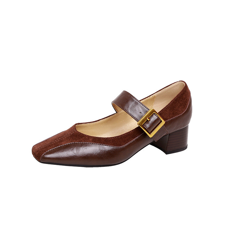 【シューズ】春秋冬 レトロ スクエアトゥ 太ヒール パンプス