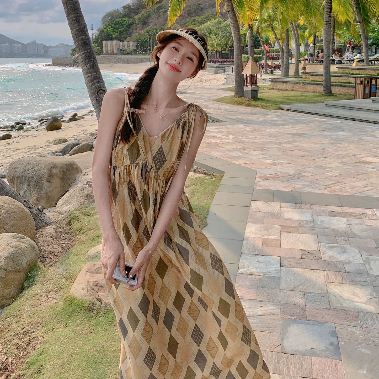 【ワンピース】夏 ビーチリゾート風 ダイヤモンドチェック ノースリーブキャミソールワンピース【SHシリーズ】