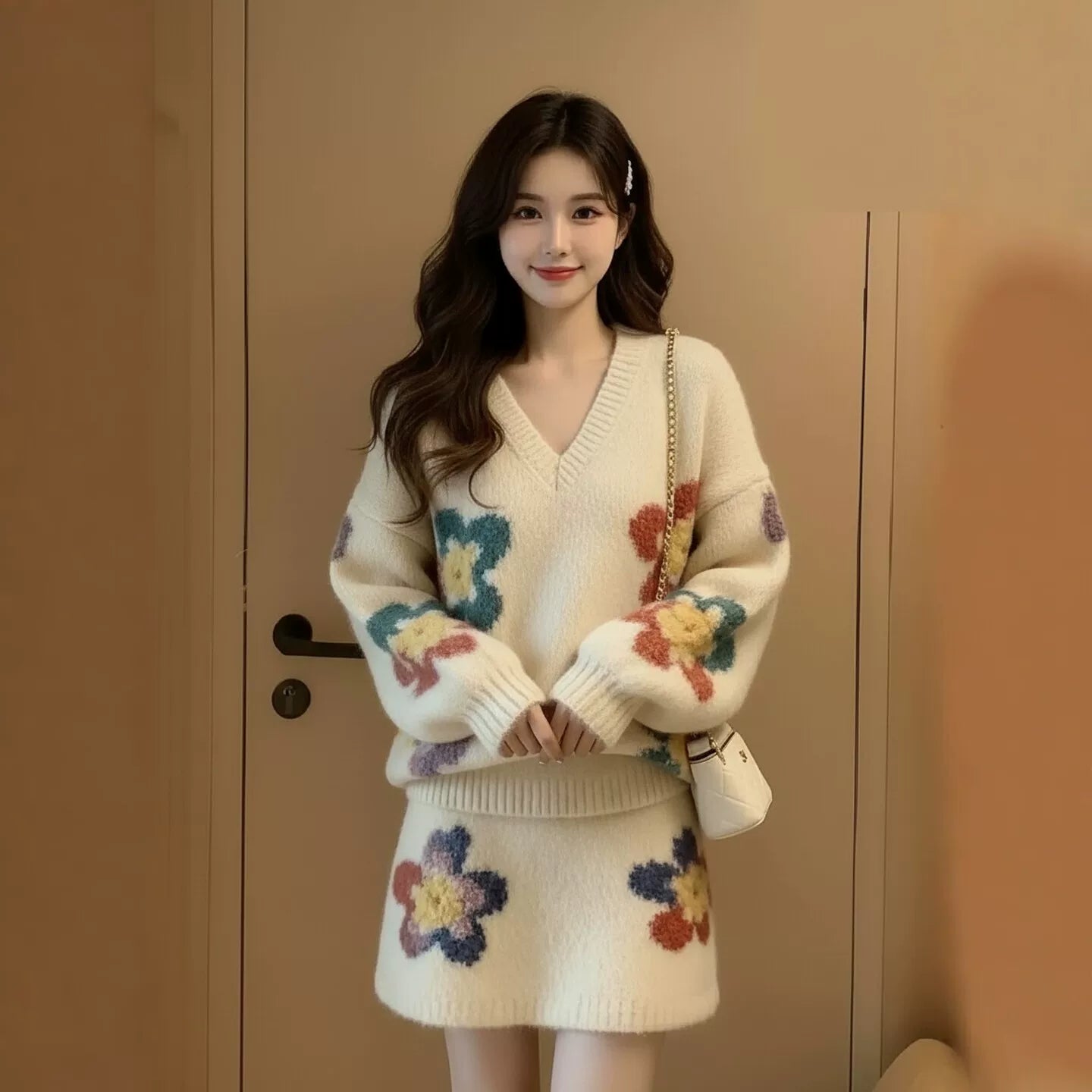 【セットアップ】韓国風 スウィート 着痩せ 合わせやすい ニットセーター+スカート 2点セット【SHシリーズ】
