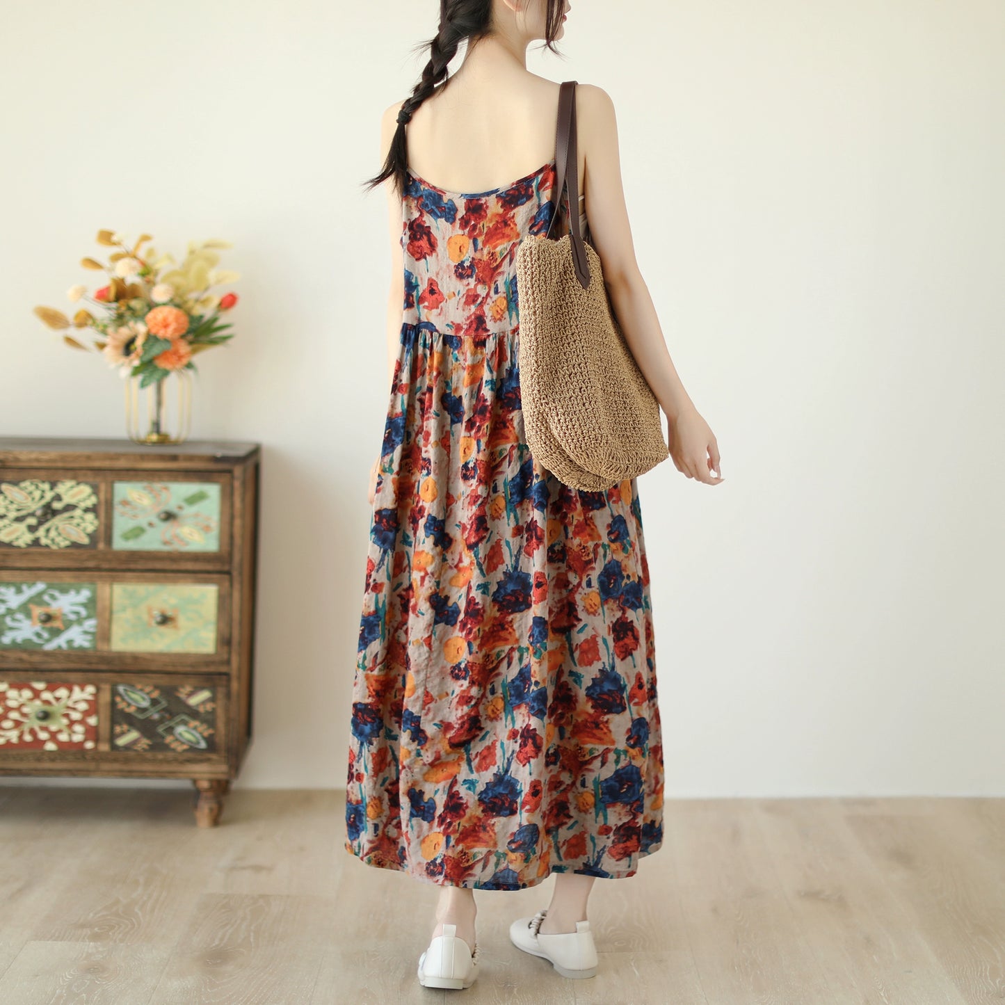 【ワンピース】レトロAライン ゆったり大きめサイズ 気質細見え ノースリーブキャミワンピース【SHシリーズ】